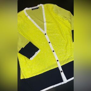 Misook Sequin Neon Yellow Green Button up Cardigan Size 2XL NWOT